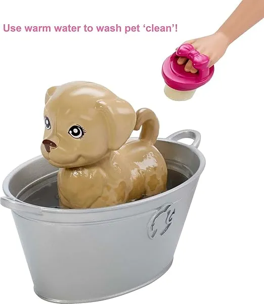 Barbie Play 'n Wash Pets Doll & Playset with 3 Color-Change Animals & 10 Toy Accessories, Blonde Fashion Doll with Blue Eyes