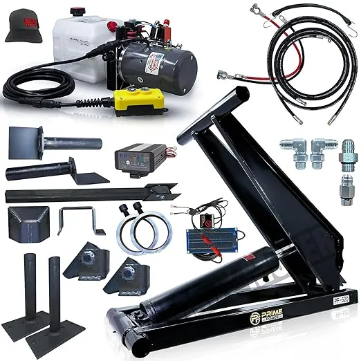 10 Ton (PF-520) Dump Trailer Hydraulic Scissor (20,000 lb) | Premium Kit | Truck Dump Bed Kit with 12VDC KTI Hydraulic Pump, 3-Watt Solar Charger and 8 Amp Panel Mount AC Charger (PF-520-PK5)