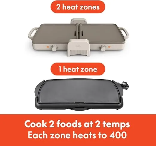 Bella 10"x 20" Ceramic Fold-n-Store Dual Temp Griddle, Fits-anywhere Kitchenware, EverGood Ceramic Nonstick Coating, 2 Temperature Zones up to 400°F​, Dishwasher Safe Drip Tray, 1500 Watt, Oatmilk