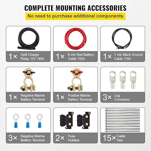VEVOR Split Charge Relay Kit, 6mtr 12V, Automatic Dual Battery Isolator Kit with 140AMP Voltage Sense Relay VSR, Compatible with RV Marine Car Vehicle Truck Caravan Camper Yacht ATV UTV Boats Workshop