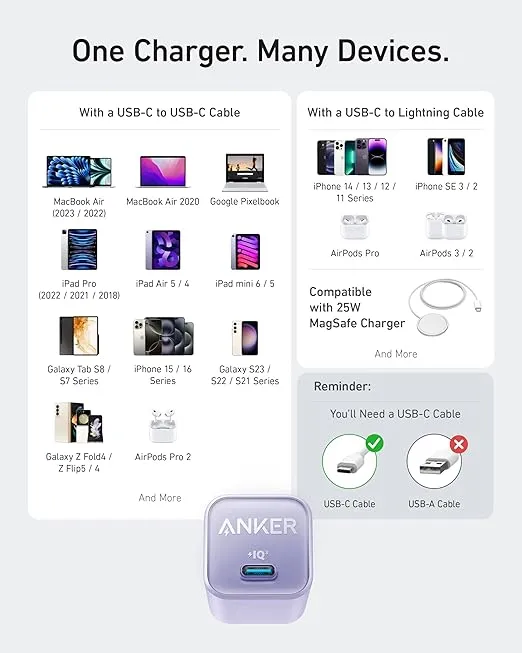 Anker Nano Charger, USB C GaN Charger 30W, PIQ 3.0 Foldable PPS Fast Charger for iPhone 16 / 15 and more series, Galaxy, iPad, Compatible with MagSafe