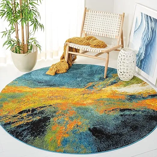 SAFAVIEH Galaxy Collection 6'7" Round Blue/Yellow GAL117L Modern Abstract Non-Shedding Living Room Dining Bedroom Foyer Area Rug