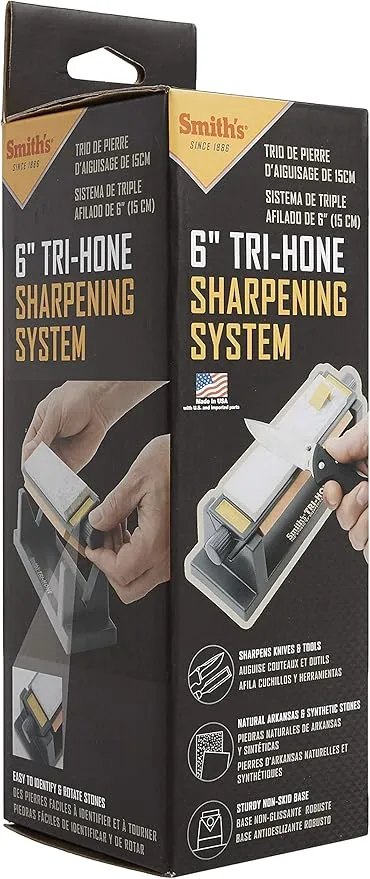 Smith’s TRI6 Arkansas Tri-Hone Stone Sharpening System Grey 6” Fine, Medium, & Coarse Stones 3-Way Honing Nonslip Rubber Feet Restore Tools, Hunting, Kitchen, Fishing & Pocket Knives