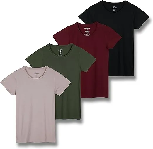 Real Essentials 4 Pack: Women's Classic-Fit Cotton Short-Sleeve Scoop Crew Neck T-Shirt (Available in Plus Size)