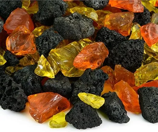 Marigold Glow - Fire Glass and Lava Rock Blend for Indoor and Outdoor Fire Pits or Fireplaces | 10 Pounds | 3/8 Inch - 3/4 Inch