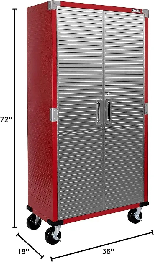 Seville Classics UltraHD Solid Steel Rolling Lockable Metal Storage Cabinet Locker Organizer w/Adjustable Shelves for Garage, Warehouse, Office, Classroom, 36" W x 18" D x 72" H, Red