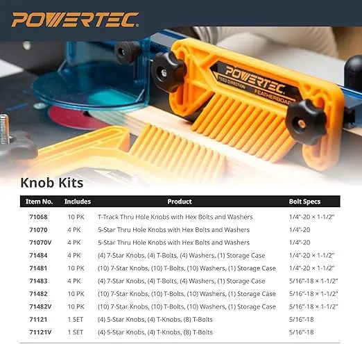 POWERTEC 71484 T Track Knob Kit w/ 7 Star Knob, 1/4-20 Threaded bolts and Washers, Set of 4 T Track Bolts, T Track Accessories for Woodworking Jigs and Fixtures