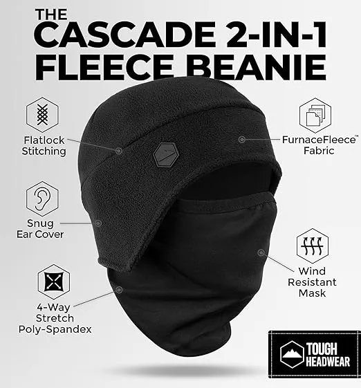 Tough Headwear Skull Cap with Face Cover-Winter Hat with Ear Flaps,Running Mask for Cold Weather,Helmet Liner &Thermal Beanie