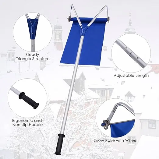 Goplus Snow Roof Rake, 21 FT Adjustable Aluminum Snow Shovel with 2 Wheels & 420D Oxford Slide, Fast Cleaning in One Shovel, 5-Sections Tubes, Lightweight & Scratch Free for Snow Removal, Leaves & Car