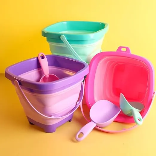 Shindel 3 PCS Foldable Pail Bucket, Collapsible Beach Buckets with Shovels, Travel Sand Toys for Beach, Fun Summer Activities, Beach Essentials, Toddler Beach Toys