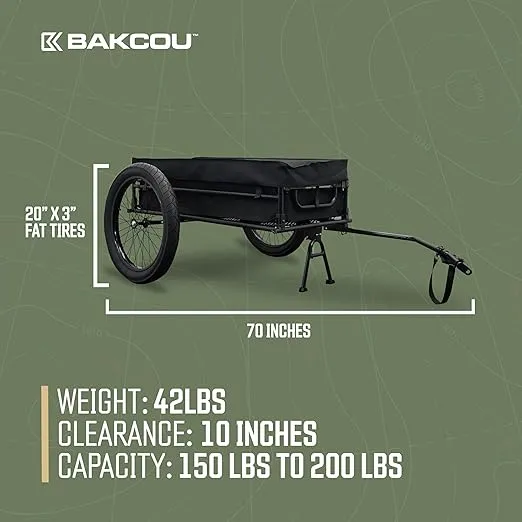 Bakcou | Folding Cargo eBike Trailer with 20" x 3" Fat Tires, Canvas Liner & Hitch - Easily Attach to BAKCOU eBike, with Axle Extenders & Kickstand - 150-200 lbs Capacity, Ideal for Hauling Gear