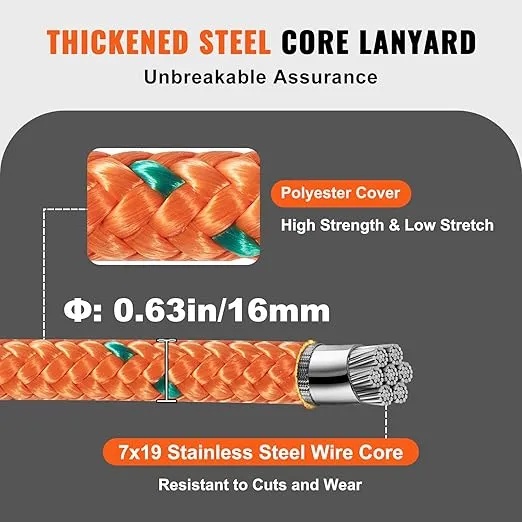 VEVOR 16mm Steel Core Flipline, 12ft(3.6m) Arborist Flipline, Flip Line for Tree Climbing with Alloy Steel Snap Hook & Aluminum Alloy Carabiner, 30KN Breaking Tension for Fall Protection, Tree Climber