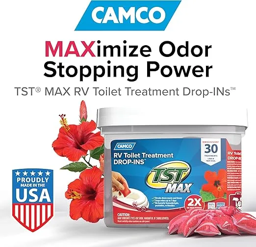 Camco TST MAX Camper / RV Toilet Treatment Drop-INs - Control Unwanted Odors & Break Down Waste and Tissue - Safe Septic Tank Treatment - Hibiscus Scent, 30-Pack (41604)