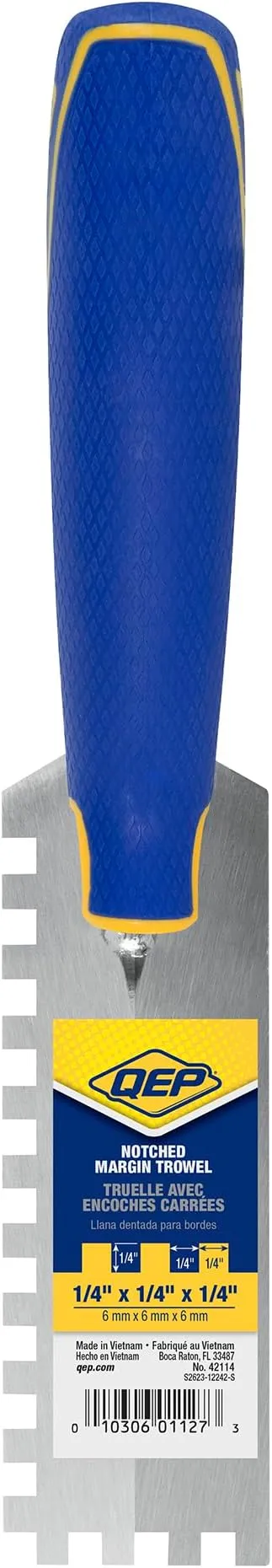 QEP 1/4 in. x 1/4 in. x 1/4 in. Comfort Grip Square-Notch Margin Flooring Trowel with Bucket Hook, Silver (42114)