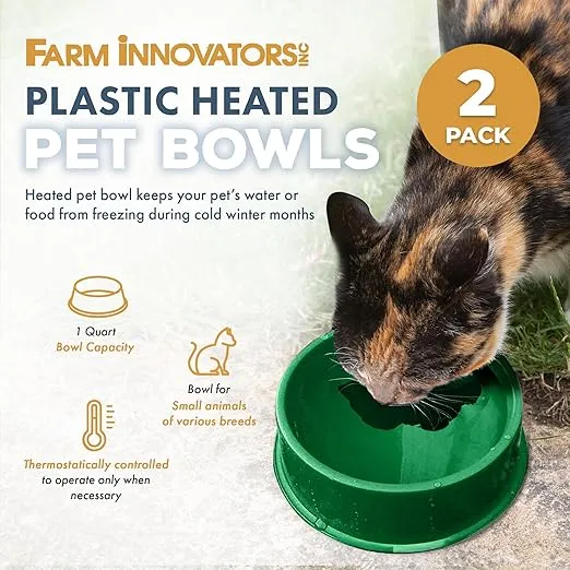 Farm Innovators QT-1 1 Quart Electric Heated Pet Water Bowl with Thermostatic Control and Anti Chew Cord Protector, 25 Watt, Green (2 Pack)
