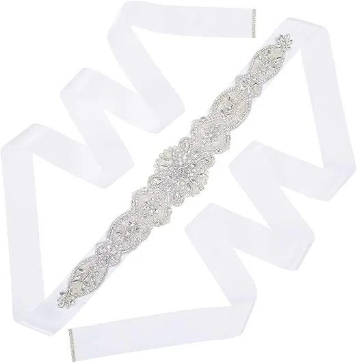 HDE Rhinestone Wedding Bridal Belts and Sashes with Ribbon for Bridal Gown Dress