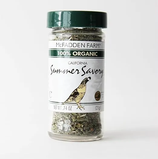 McFadden Farm Organic Summer Savory, Dried Herb, Grown and packed in the U.S.A., 0.74 oz. in glass jar