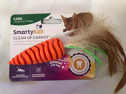 SmartyKat Clean Up Carrot Flexible Cat Toy with Feathers Fun to Chase and Soft On Gums