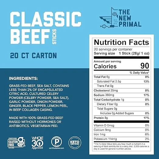 The New Primal Grass Fed Beef Sticks, Keto, Gluten Free Healthy Snacks, Sugar Free Low Carb High Protein Snack, Jerky Meat Stick, 6g Protein, 20 Ct