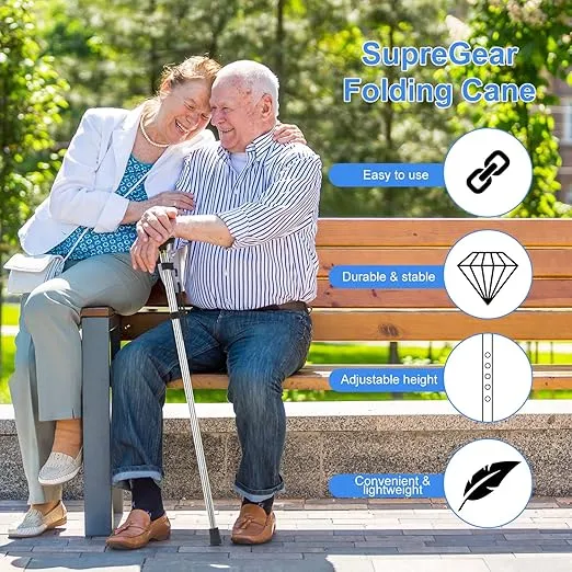 supregear Folding Cane, 5-Level Adjustable Height Walking Stick Lightweight Portable Cane Travel Cane with Wrist Strap and T Handle for Elderly Disabled Men Women