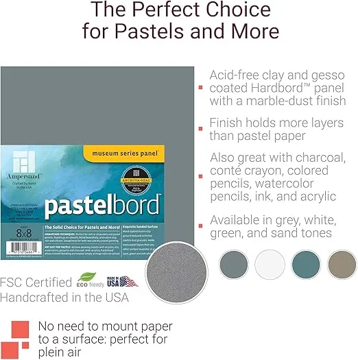 Ampersand Art Supply Pastel Painting Panel: Museum Series Pastelbord, 5" x 7" - Pack of 4, Assorted Colors, 1/8 Inch Flat Profile