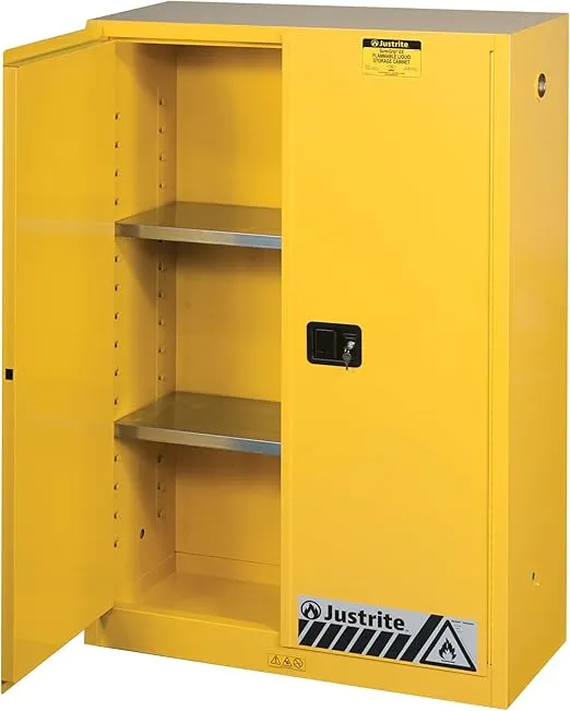 Justrite 45 Gallon Manual Close Flammable Storage Cabinet, 18 Gauge Steel, 2 Shelves, 2 Door Fire Cabinet, 65" x 43" x 18", Made in The USA, Yellow, 894500