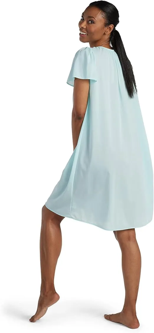 Miss Elaine Women's Short Tricot Nightgown, Flutter Sleeves and Premium Lightweight Fabric, Embroidered Neckline