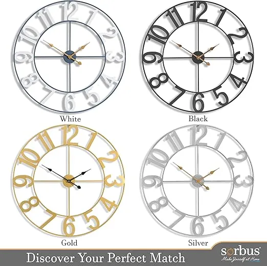 Sorbus Large Wall Clock for Living Room Decor - Wall Clock for Kitchen - 24 inch Big Wall Clock Decorative - Metal Wall Art - Analog Large Clock for Bedroom, Home, Kitchen, Office, Wall Decor (Silver)