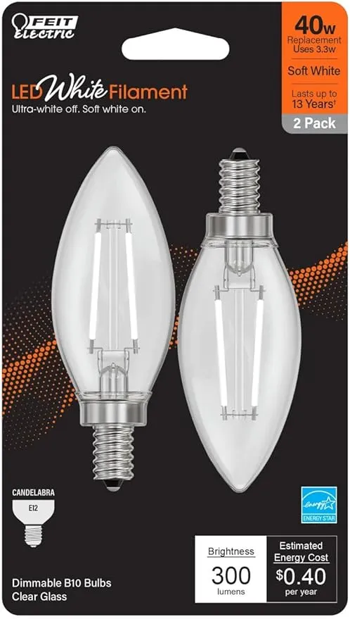 Feit LED Filament B10 E12 (Candelabra) Filament LED Bulb Soft White 40 Watt Equivalence 2 pk