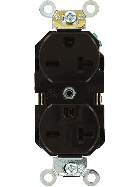 Leviton 5462 20 Amp, 250 Volt, Industrial Heavy Duty Grade, Duplex Receptacle, Straight Blade, Self Grounding, Brown