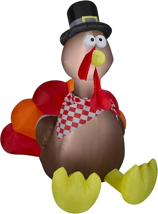Gemmy Thanksgiving Inflatable Turkey with Checkered Scarf, 6 ft Tall, Multi