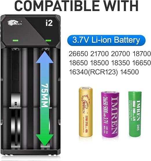 IMREN 18650 Battery Charger,3.7V Battery Charger for 3.7 Volt Li-ion 18650 18350 18500 16340 14500 20700 21700 26650 Battery,1A Fast 18650 Charger (2 Bay)
