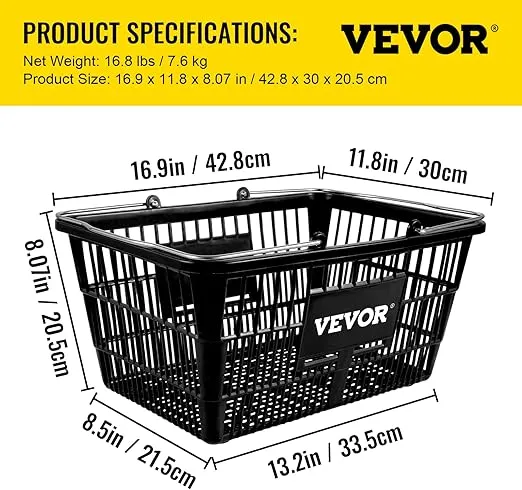 VEVOR Shopping Basket, Set of 12 Black, Durable PE Material with Handle and Stand, Basket Dimension 16.9"L x 11.8"W x 8.07"H and Used for Supermarket, Retail, Grocery- Holds 21 L of Merchandise