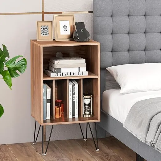 LOKO 3-Tier Record Player Stand, Turntable Stand with Charging Station, Vinyl Record Storage Table with Shelf & 4 Dividers, Turntable Display Shelf for Living Room, Bedroom (Walnut)