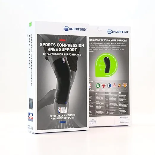 Bauerfeind Sports Compression Knee Support NBA - Lightweight Design with Gripping Zones for Basketball Knee Pain Relief & Performance with Team Designs (Black, L)