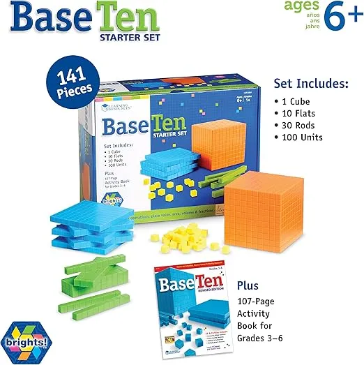 Learning Resources Brights! Base 10 Starter Set with Activity Guide Included - 100 Piece Set, Ages 6+ | 1+ Grade Math Teacher Supplies, Math Games for Kids, Math Learning Tools