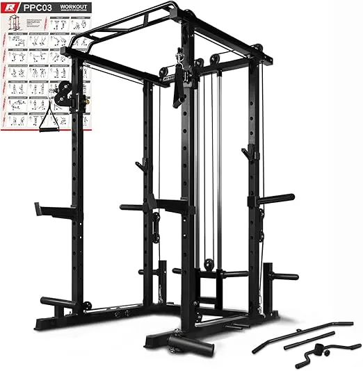 RitFit Multi-Function Squat Rack Power Cage PPC03 with Cable Crossover System, 1000LBS Capacity Power Rack and Packages with Optional Weight Bench, Barbell Weight Set, for Garage Workout & Home Gym