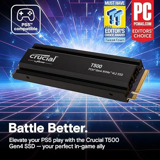 Crucial T500 1TB Gen4 NVMe M.2 Internal Gaming SSD with Heatsink, Up to 7300MB/s, PlayStation 5 Compatible + 1mo Adobe CC All Apps- CT1000T500SSD5
