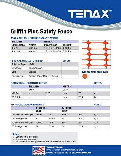 Tenax x 1A170062 Griffin Plus 4'X50' Safety Fence, Small, Orange