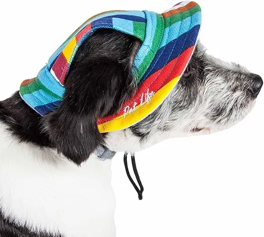 Pet Life ® Colorfur Rainbow Dog Hat with UV Coverage Protection - Brimmed Canopy Provides more shade than a Dog Banadana - Features Ear Holes and Adjustable Jaw-Strings - great worn with Dog Clothes