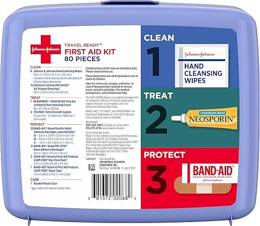 Johnson & Johnson Travel Ready Portable Emergency First Aid Kit for Minor Wound Care with Assorted Adhesive Bandages, Gauze Pads & More, Ideal for Travel, Car & On-The-Go, 80 pc
