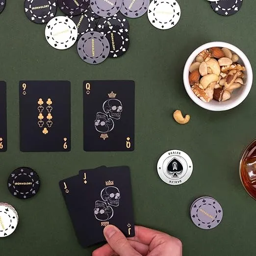 Iron & Glory | Poker Set | Luxury Poker Chips & Poker Cards Set With Wooden Case | Poker Table Accessories | Playing Cards & Casino Games For Game Night | Travel Card Games & Portable Camping Games
