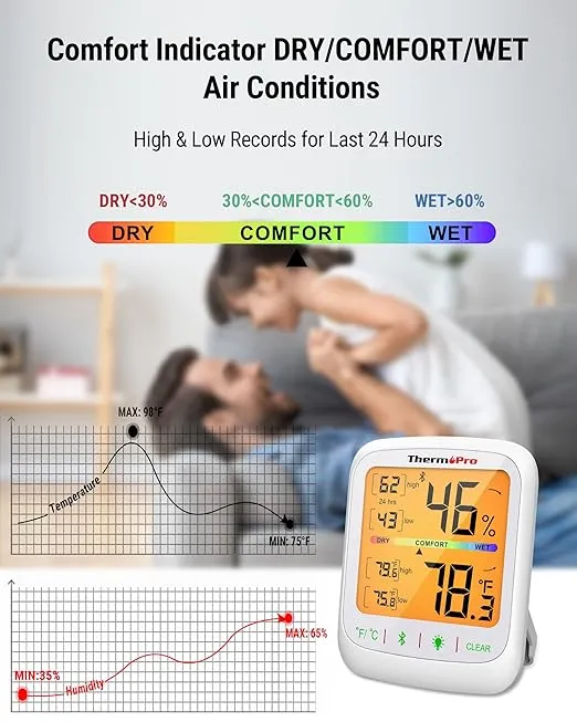 ThermoPro TP359 Bluetooth Hygrometer Thermometer, 260FT Wireless Remote Temperature and Humidity Monitor, with Large Backlit LCD, Indoor Room Thermometer and Humidity Gauge, Max Min Records