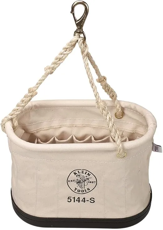 Klein Tools 5144S Canvas Oval Bucket, 15-Pocket, Swivel Snap, Tripod Suspension, Molded Polypropylene Bottom, Rope Handle