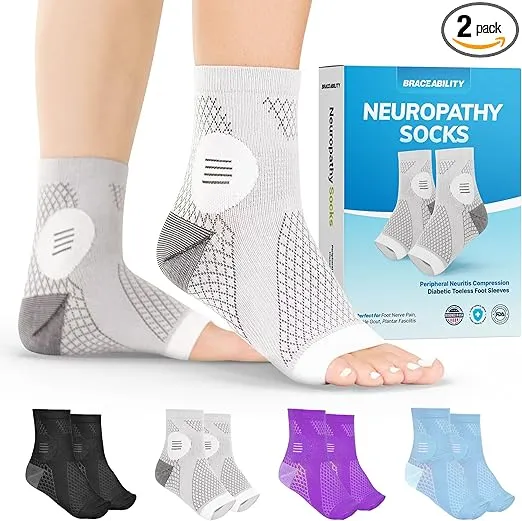 BraceAbility Neuropathy Socks for Women and Men (Pair) - Toeless Compression Foot Neuropathy Socks, Peripheral Neuropathy Socks, Diabetic Neuropathy Socks, Arthritis Socks (XL - Gray)