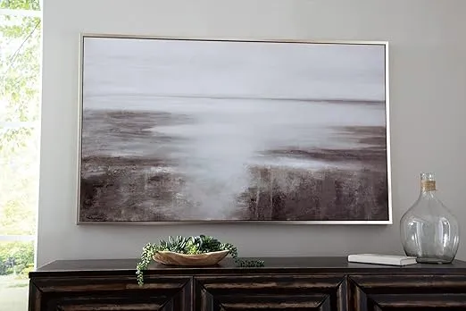 Signature Design by Ashley Chasemont Modern Rectangular Hand-painted Wrapped Canvas Wall Art 60 x 36 Inches, Gray & White