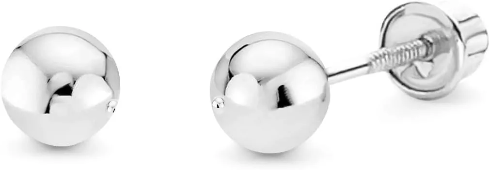 14k White Gold Ball Stud Earrings with Screw Back - 5 Different Size Available