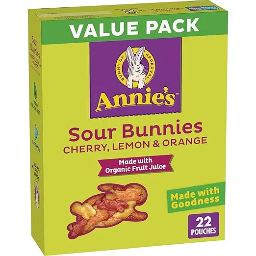 Annie's Sour Bunnies Fruit Flavored Snacks, Cherry, Lemon & Orange Flavors, Made With Organic Fruit Juice, Value Pack, 15.4 oz