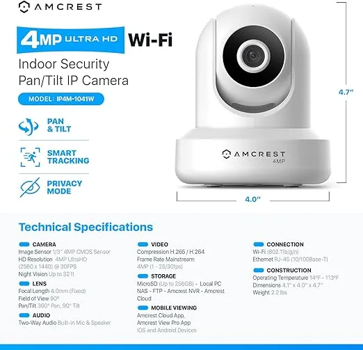 Amcrest 4MP ProHD Indoor WiFi, Security IP Camera with Pan/Tilt, Two-Way Audio, Night Vision, Remote Viewing, 4-Megapixel @30FPS, Wide 90° FOV, IP4M-1041W (White)