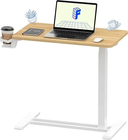 FLEXISPOT Medical Adjustable Overbed Bedside Table with Wheels Pneumatic Mobile Standing Desk Laptop Desk Rolling Computer Cart Movable Overbed Table Hospital Home Use(27.6" W x 15.7" D, Maple Table)